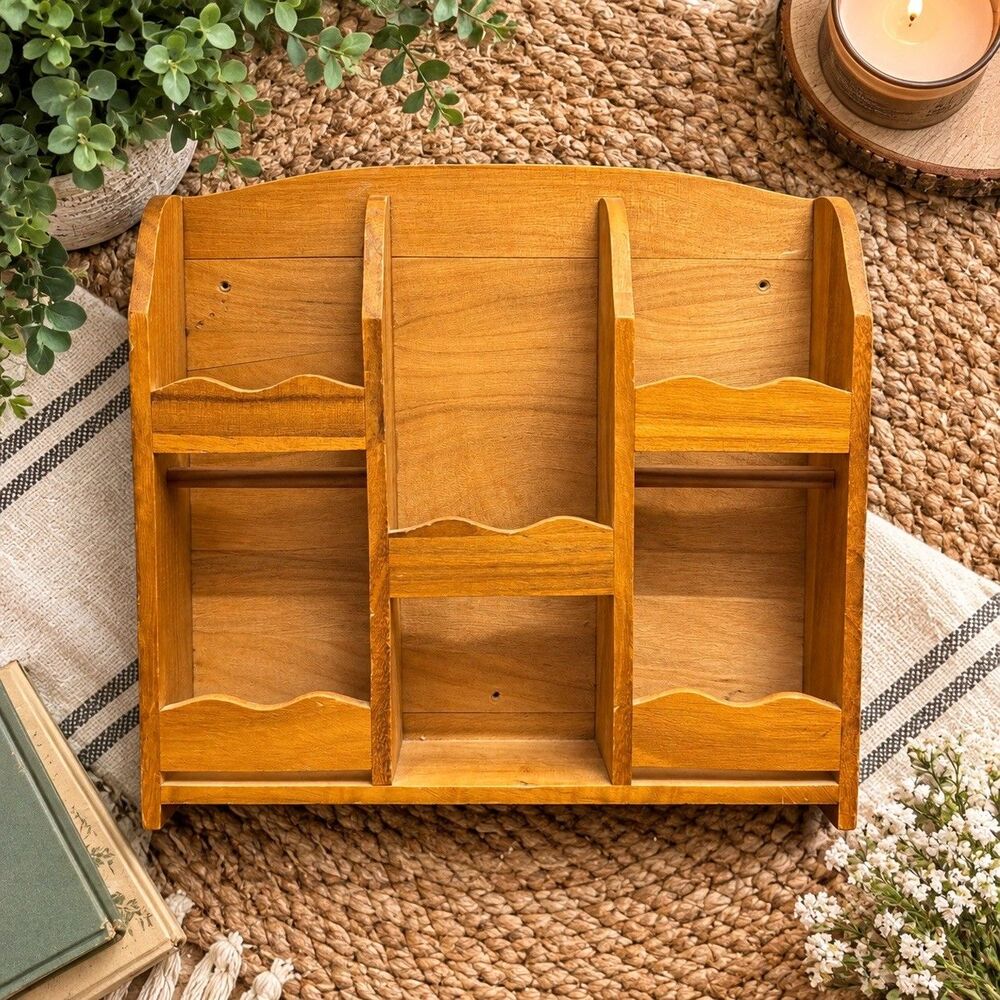 Wood Shelf Wall Spice Rack Tiered Shelves Brown Scalloped Farmhouse Vtg trinket